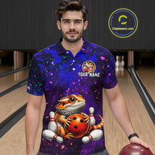 Load image into Gallery viewer, Men’s funny bearded dragon bowling polo shirt, front view on male model in bowling lane 