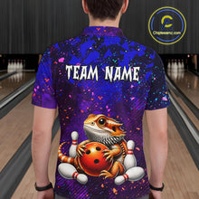 Load image into Gallery viewer, Men’s funny bearded dragon bowling quarter zip shirt, back view on male model in bowling lane 