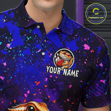 Load image into Gallery viewer, Men’s funny bearded dragon bowling polo shirt with custom name, angled front view showing custom team design 
