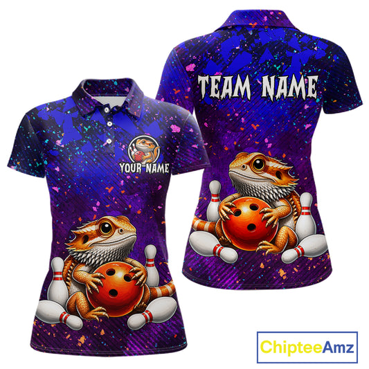 Custom funny bearded dragon bowling jersey for women, personalized team bowling polo shirt front view and back view.