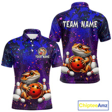 Load image into Gallery viewer, Custom funny bearded dragon bowling jersey for men, personalized team bowling polo shirt front view and back view.