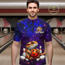 Load image into Gallery viewer, Men’s funny bearded dragon bowling quarter zip shirt, front view on male model in bowling lane 
