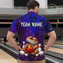 Load image into Gallery viewer, Men’s funny bearded dragon bowling polo shirt, back view on male model in bowling lane 