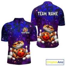 Load image into Gallery viewer, Custom funny bearded dragon bowling jersey for men, personalized team bowling quarter zip shirt front view and back view.