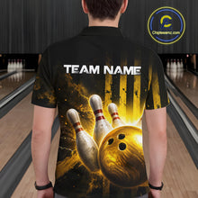 Load image into Gallery viewer, Person wearing a black bowling-themed shirt with 'TEAM NAME' text in a bowling alley.