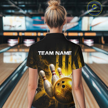 Load image into Gallery viewer, Person wearing a bowling-themed shirt with 'TEAM NAME' text in a bowling alley.