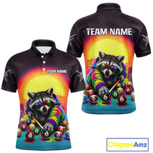 Load image into Gallery viewer, Colorful polo shirt with raccoon design and customizable text on a white background