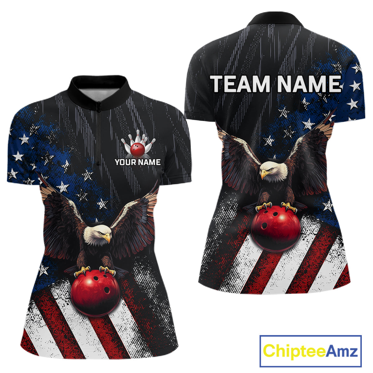 Front and back views of a customizable short-sleeve athletic jersey featuring a patriotic American flag design with bald eagles and red bowling balls, on a white background with a ChipteeAmz logo.