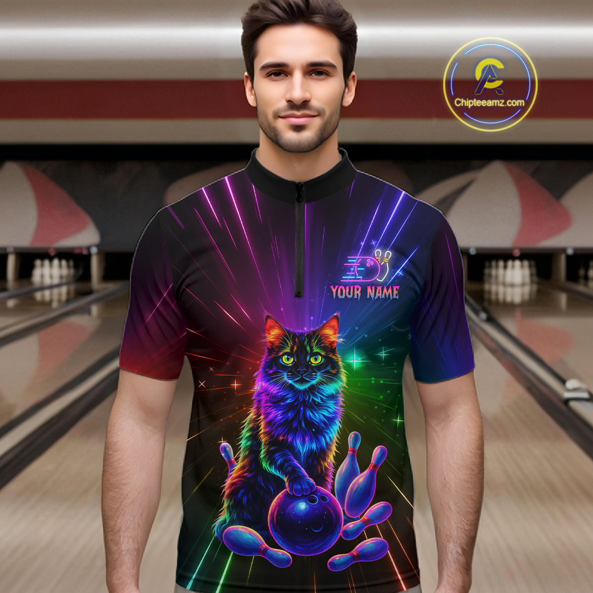 Custom Funny Cat Neon Colorful Bowling Jersey for Men Bowling Uniform Bowling Team Shirts HNT281