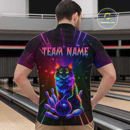 Custom Funny Cat Neon Colorful Bowling Jersey for Men Bowling Uniform Bowling Team Shirts HNT281