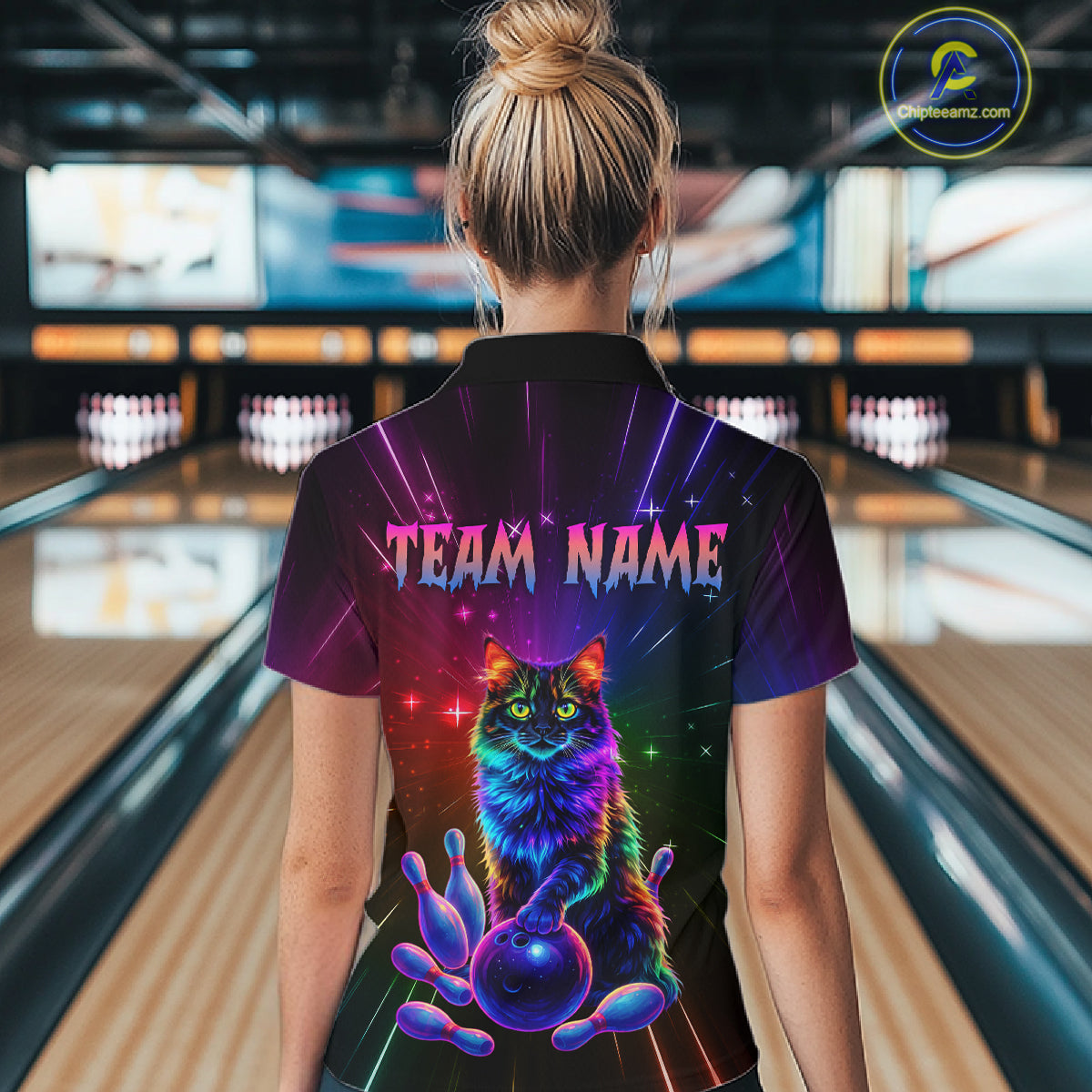 Custom Funny Cat Neon Colorful Bowling Jersey for Women Bowling Uniform Bowling Team Shirts HNT281