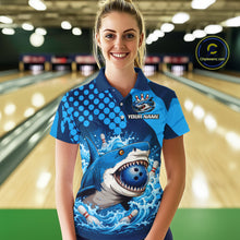 Load image into Gallery viewer, Person wearing a blue bowling shirt with a shark design in a bowling alley.