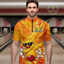 Load image into Gallery viewer, Man wearing a colorful bowling jersey with a duck design in a bowling alley.