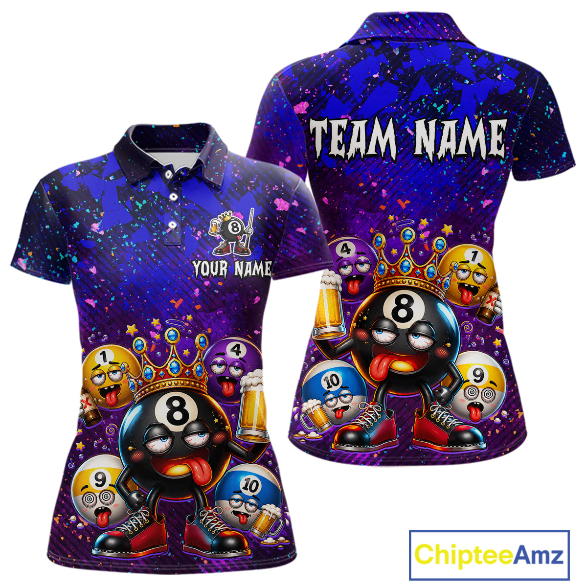 Front and back views of a short-sleeve polo shirt with a vibrant purple and blue 8-ball pool theme. The shirt features cartoon billiard balls with faces, shoes, and beer glasses, along with customizable text placeholders 'YOUR NAME' on the front chest and 'TEAM NAME' on the back collar.