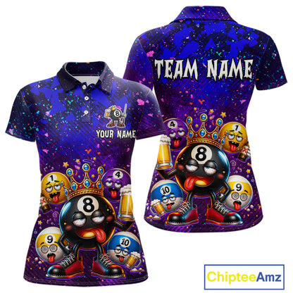 Front and back views of a short-sleeve polo shirt with a vibrant purple and blue 8-ball pool theme. The shirt features cartoon billiard balls with faces, shoes, and beer glasses, along with customizable text placeholders 'YOUR NAME' on the front chest and 'TEAM NAME' on the back collar.