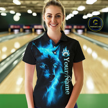 Load image into Gallery viewer, Custom Blue Flame Wolf Bowling Jersey for Women Polo &amp; 1/4 Zip Bowling Team Shirts HNT148