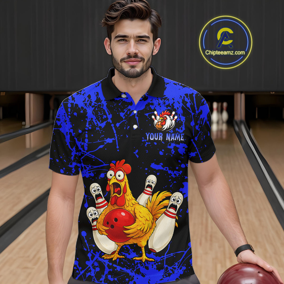 Custom Blue Funny Chicken Bowling Jersey for Men Bowling Uniform Bowling Team Shirts HNT282