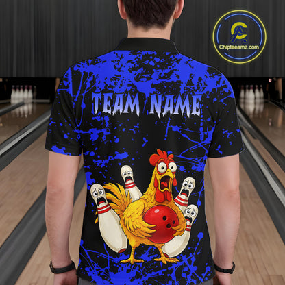 Custom Blue Funny Chicken Bowling Jersey for Men Bowling Uniform Bowling Team Shirts HNT282