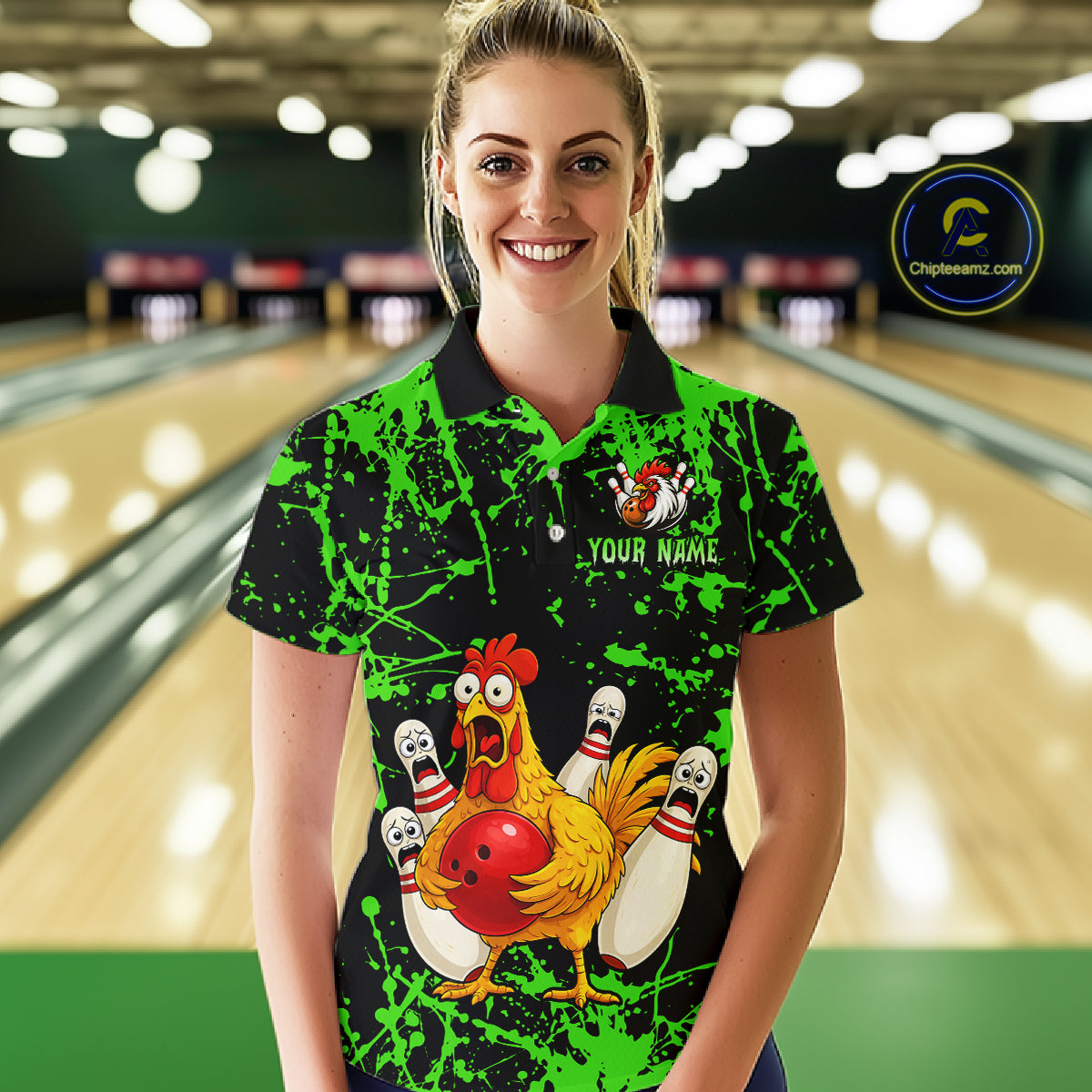 Custom Green Funny Chicken Bowling Jersey for Women Bowling Uniform Bowling Team Shirts HNT282