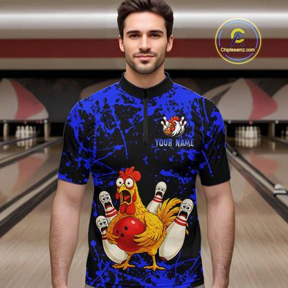Custom Blue Funny Chicken Bowling Jersey for Men Bowling Uniform Bowling Team Shirts HNT282
