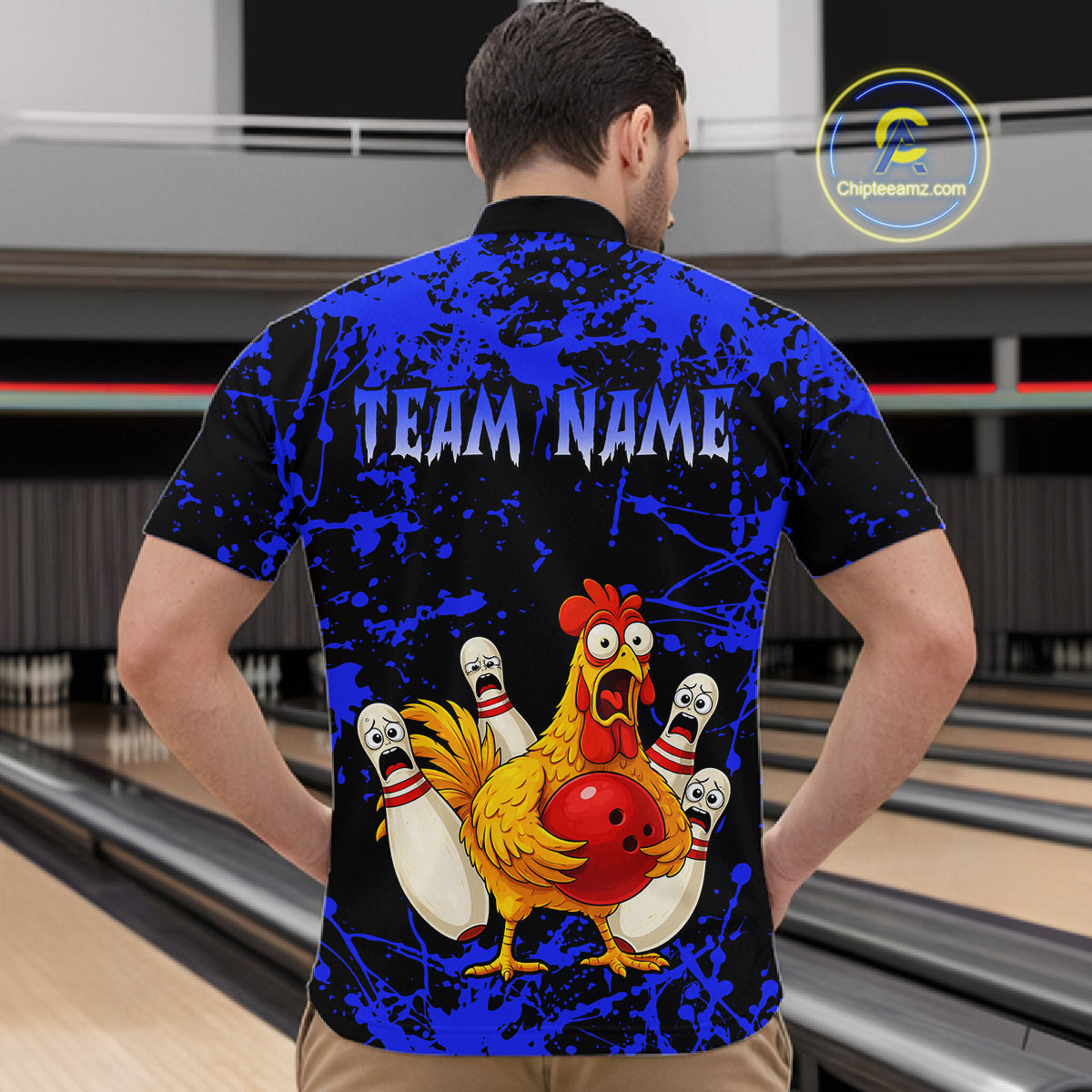 Custom Blue Funny Chicken Bowling Jersey for Men Bowling Uniform Bowling Team Shirts HNT282