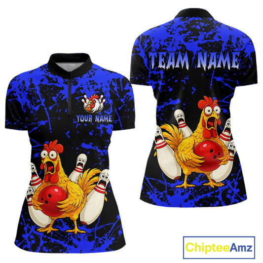 Custom Blue Funny Chicken Bowling Jersey for Women Bowling Uniform Bowling Team Shirts HNT282