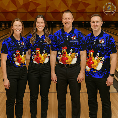 Custom Blue Funny Chicken Bowling Jersey for Women Bowling Uniform Bowling Team Shirts HNT282