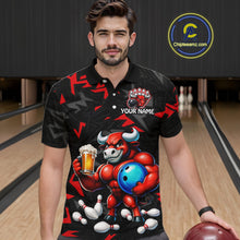 Load image into Gallery viewer, Men’s red beer bull bowling polo shirt, front view on male model in bowling lane 