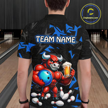 Load image into Gallery viewer, Men’s blue beer bull bowling polo shirt, back view on male model in bowling lane 