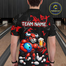 Load image into Gallery viewer, Men’s red beer bull bowling polo shirt, back view on male model in bowling lane 