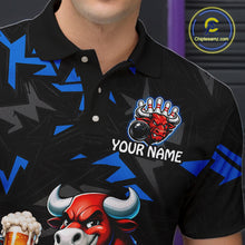 Load image into Gallery viewer, Men’s blue beer bull bowling polo shirt with custom name, angled front view showing custom team design 
