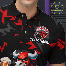 Load image into Gallery viewer, Men’s red beer bull bowling polo shirt with custom name, angled front view showing custom team design 
