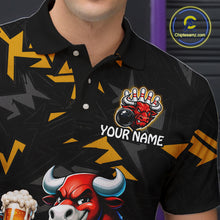 Load image into Gallery viewer, Men’s beer bull bowling polo shirt with custom name, angled front view showing custom team design 
