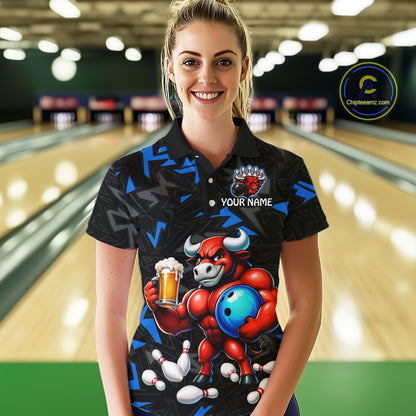 Women’s blue beer bull bowling quarter zip shirt, front view on female model in bowling lane 