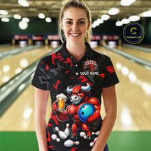 Load image into Gallery viewer, Women’s red beer bull bowling polo shirt, front view on female model in bowling lane 