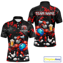 Load image into Gallery viewer, Custom red beer bull bowling jersey for men, personalized team bowling polo shirt front view and back view
