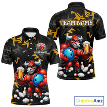Load image into Gallery viewer, Custom yellow beer bull bowling jersey for men, personalized team bowling polo shirt front view and back view