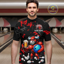 Load image into Gallery viewer, Men’s red beer bull bowling quarter zip shirt, front view on male model in bowling lane 