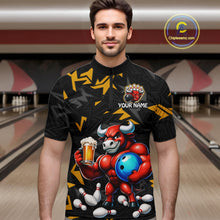 Load image into Gallery viewer, Men’s yellow beer bull bowling quarter zip shirt, front view on male model in bowling lane 