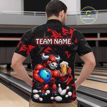 Load image into Gallery viewer, Men’s red beer bull bowling quarter zip shirt, back view on male model in bowling lane 