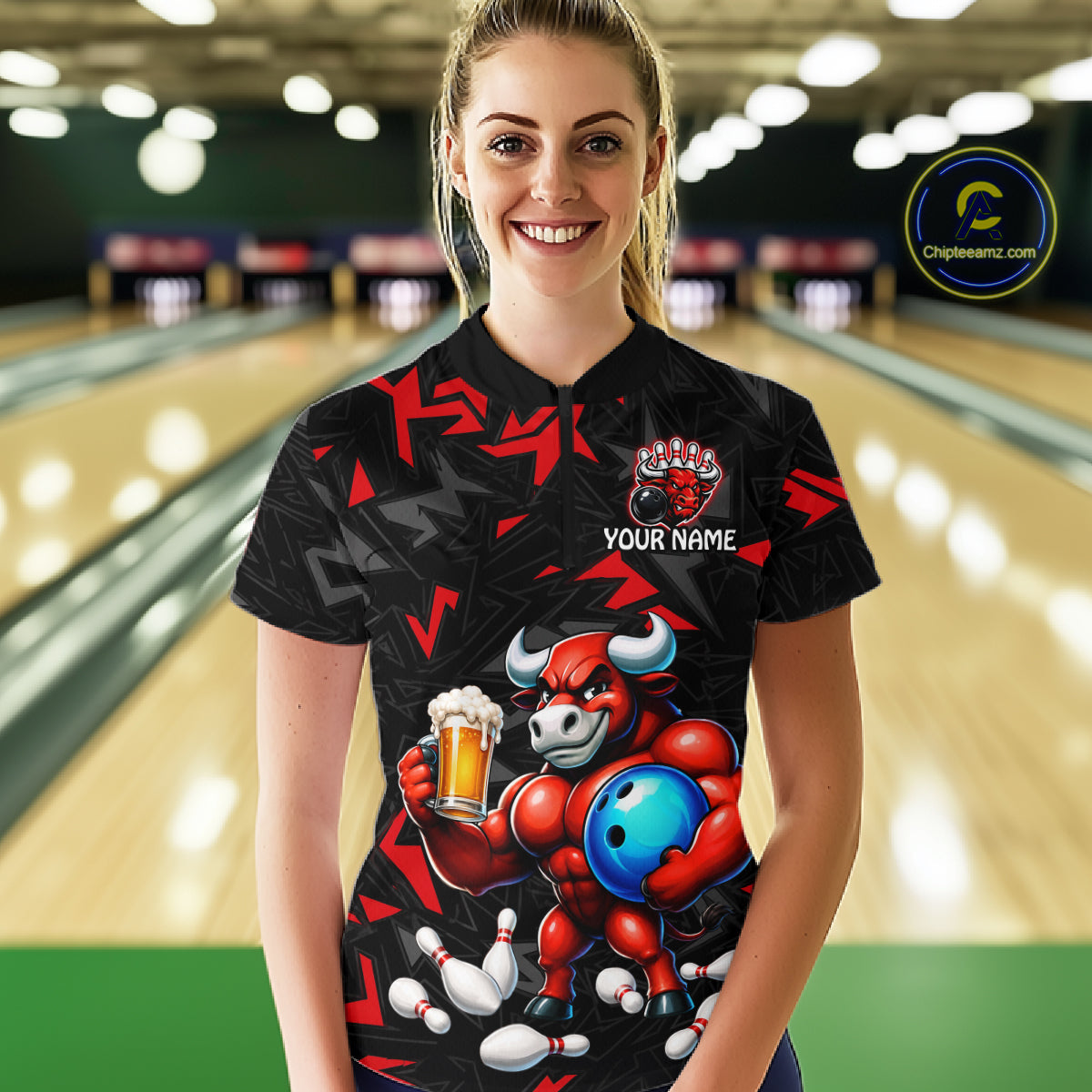 Women’s red beer bull bowling quarter zip shirt, front view on female model in bowling lane 