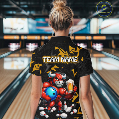 Women’s yellow beer bull bowling quarter zip shirt, back view on female model in bowling lane 
