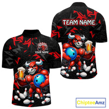 Load image into Gallery viewer, Custom red beer bull bowling jersey for men, personalized team bowling quarter zip shirt front view and back view
