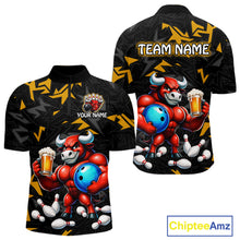Load image into Gallery viewer, Custom yellow beer bull bowling jersey for men, personalized team bowling quarter zip shirt front view and back view