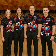 Load image into Gallery viewer, Group of bowlers in red beer bull team shirts, personalized bowling uniforms front view.