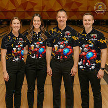 Load image into Gallery viewer, Group of bowlers in beer bull team shirts, personalized bowling uniforms front view.