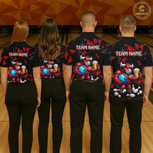 Load image into Gallery viewer, Group of bowlers in red beer bull team shirts, personalized bowling uniforms back view.