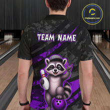 Load image into Gallery viewer, Person wearing a bowling shirt with a raccoon graphic and 'Team Name' text on a bowling alley background.
