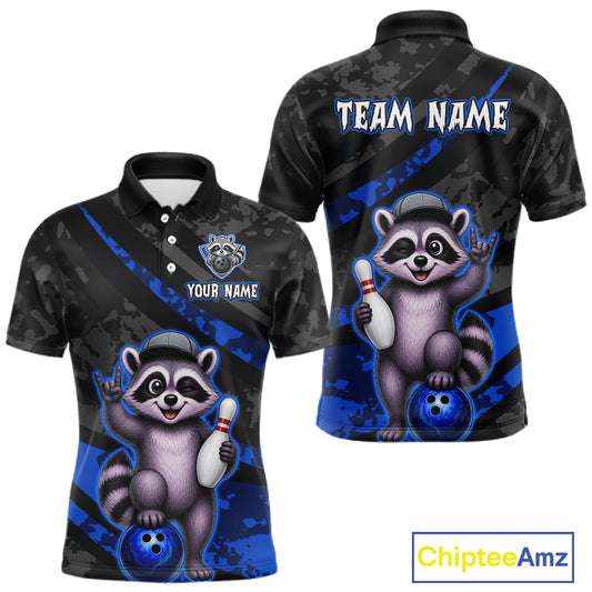 Bowling-themed polo shirt with raccoon design on a black and blue camouflage background, featuring customizable text.