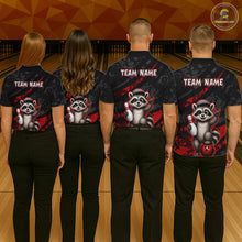 Load image into Gallery viewer, Four people wearing bowling shirts with a raccoon design and 'Team Name' text on a bowling alley background.